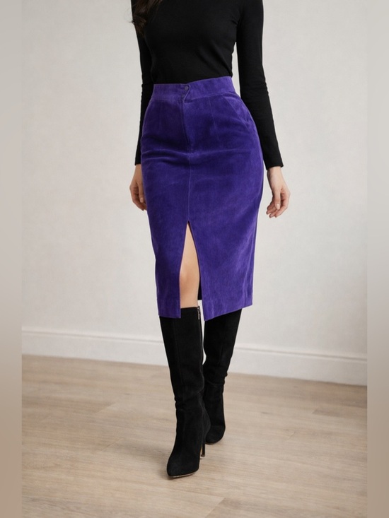 Vintage Dresses & Skirts - Vintage 80s Purple Suede Leather Pencil Skirt High Waist Slit Statement Size 8